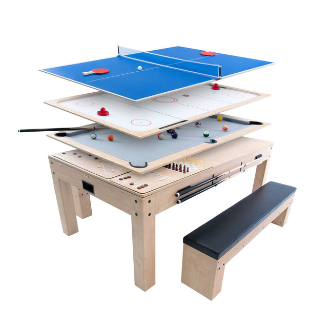 Mesa de juegos 7 en 1 de color roble con dos bancos de almacenamiento, incluye superficies para ping pong, hockey y más, diseño funcional y atractivo