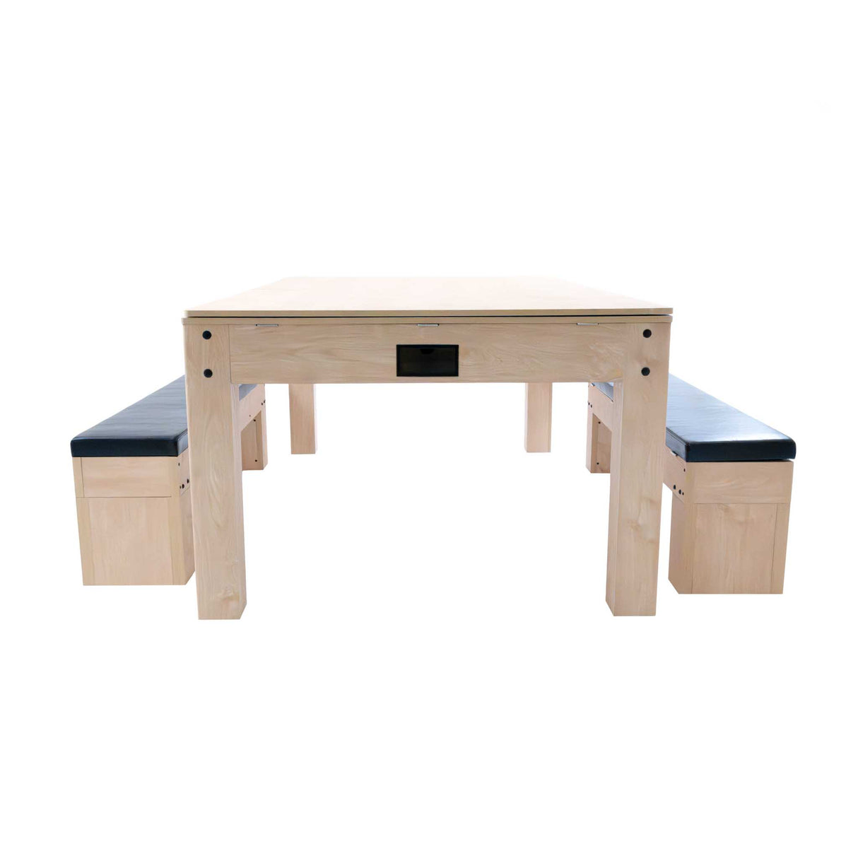 Mesa de juegos de roble con dos bancos de almacenamiento, superficie lisa y clara, diseño moderno y funcional, ideal para entretenimiento
