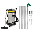 Aspiradora industrial de 50L con cuerpo metálico brillante, manguera negra y postes de canalón de 7,2m en color plateado y verde