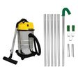 Aspiradora industrial de 30L con acabado metálico brillante, manguera negra y postes de canalón de aluminio de 7,2m en color plateado