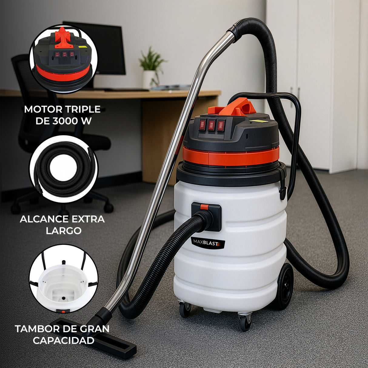 90L Aspiradora Industrial para Secos y Húmedos 3000W (manguera extralarga 5m)