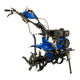 Motocultor a gasolina de 7.5 CV en color azul y negro, con cuchillas metálicas y mango ergonómico para facilitar el uso