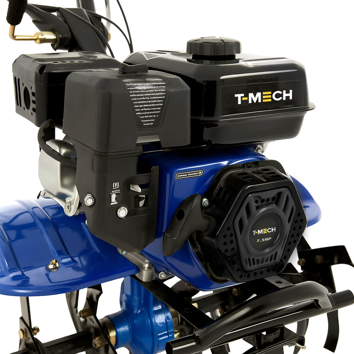 Motocultor a gasolina de 7.5 CV, con motor negro, cuerpo azul brillante y detalles en plástico, ideal para trabajos de jardinería