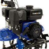 Motocultor a gasolina de 7.5 CV, con motor negro, cuerpo azul brillante y detalles en plástico, ideal para trabajos de jardinería