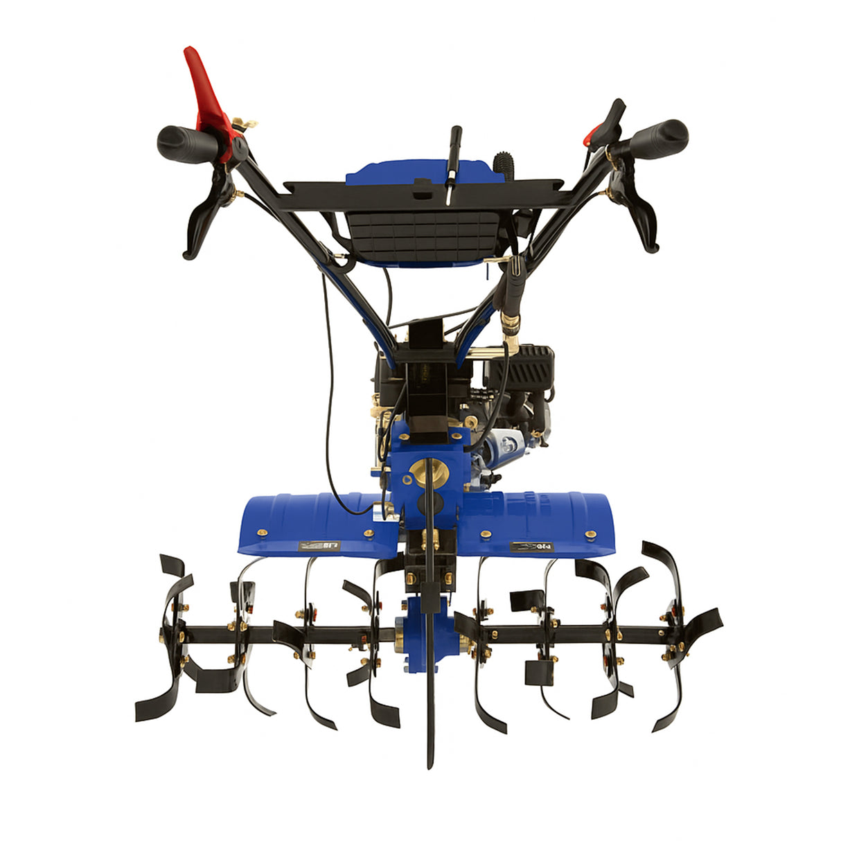 Motocultor a gasolina de 7.5 CV con diseño robusto, color azul y negro, equipado con cuchillas metálicas afiladas y manillar ergonómico