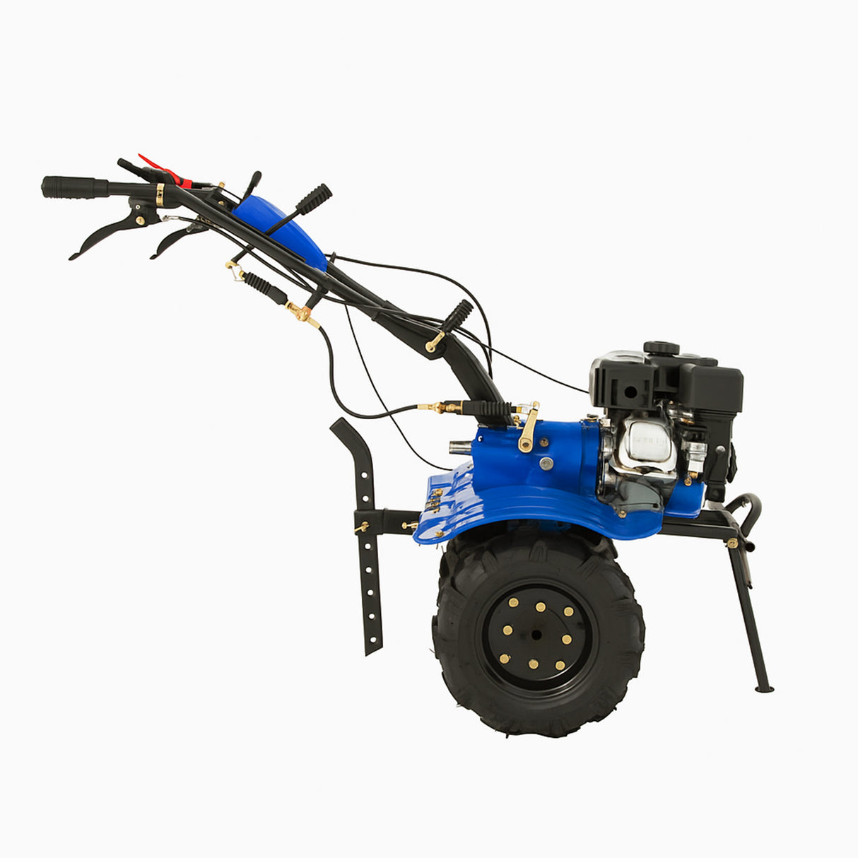 Motocultor a gasolina de 7.5 CV, con chasis azul, ruedas robustas y motor expuesto, ideal para labranza en terrenos difíciles