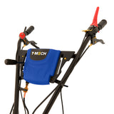 Motocultor a gasolina de 7.5 CV con diseño robusto, manillar negro, detalles en rojo y azul, y controles ergonómicos para fácil manejo