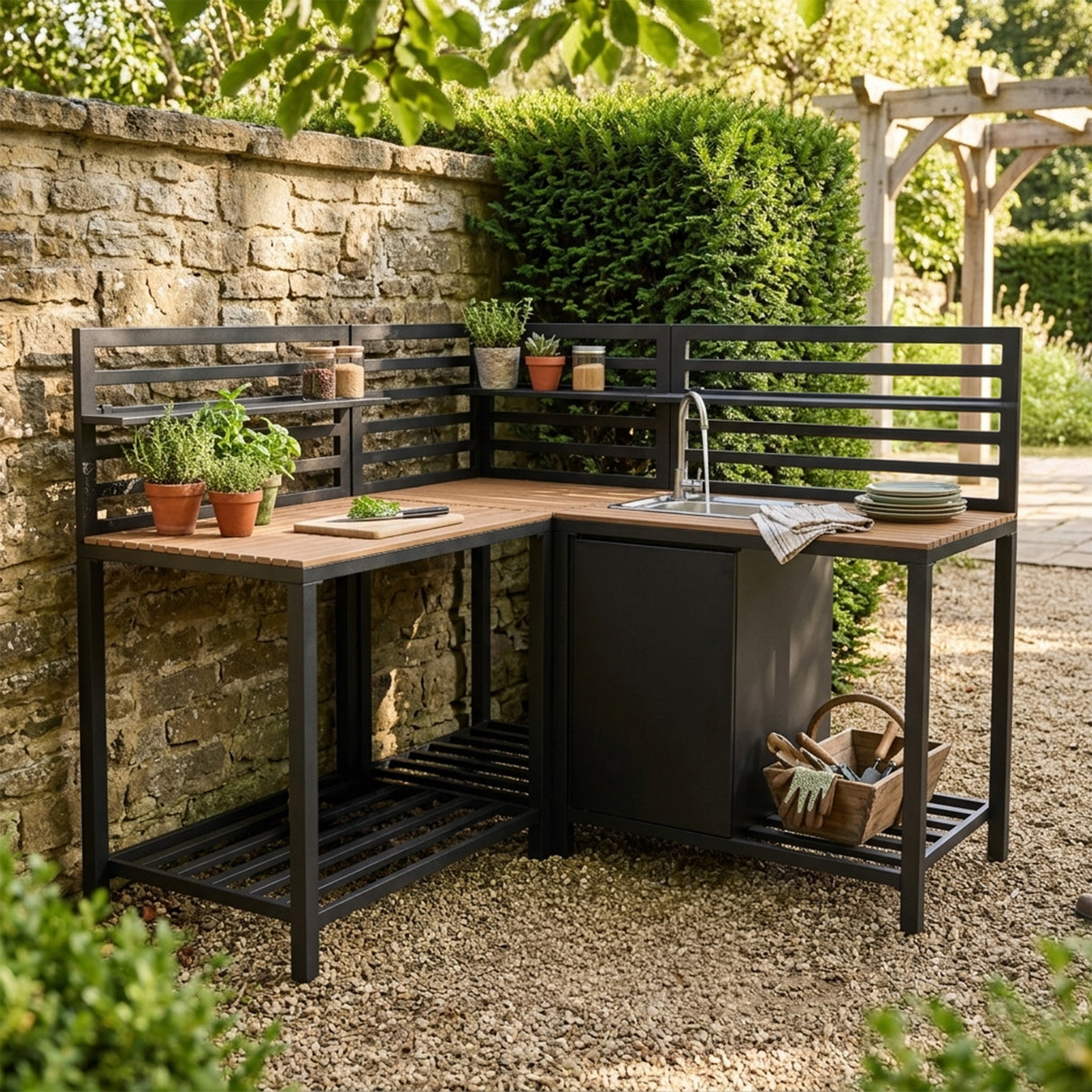 Conjunto de Cocina Exterior de Aluminio y Madera de 3 Piezas
