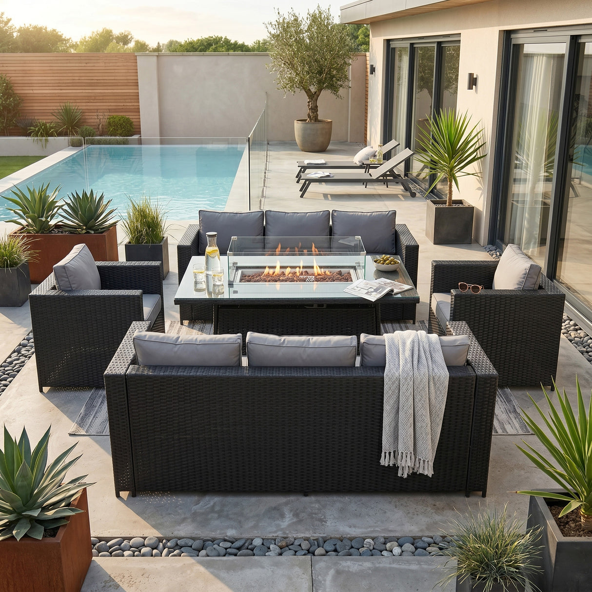 Conjunto de Jardín de Ratán 8 Plazas con Mesa de Fuego a Gas – Negro