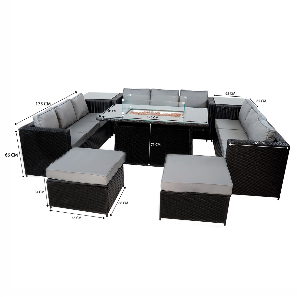Conjunto de Jardín de Ratán 11 Plazas con Mesa de Fuego a Gas – Negro