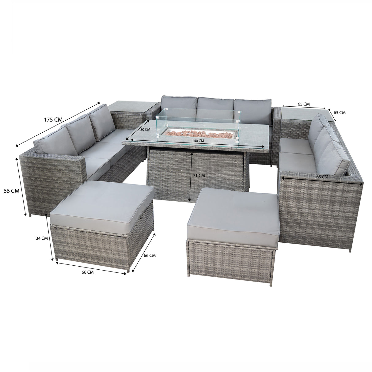 Conjunto de Jardín de Ratán 11 Plazas con Mesa de Fuego a Gas – Gris