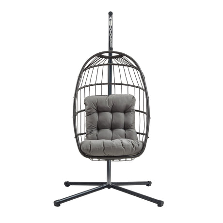 Silla colgante tipo huevo de ratán negro con cojín gris, diseño moderno y estructura metálica, ideal para interiores y exteriores