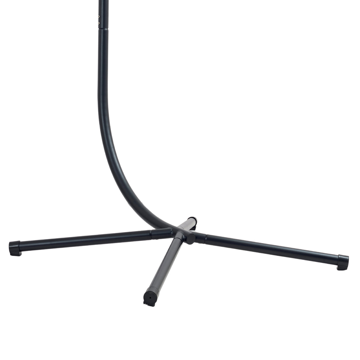 Base de soporte negra y curva para silla colgante tipo huevo de ratán, con tres patas estables y diseño moderno y minimalista