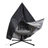 Silla colgante tipo huevo de ratán negra con cojín gris, diseño moderno y elegante, ideal para interiores y exteriores