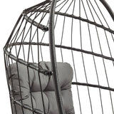 Silla colgante tipo huevo de ratán negro con cojín gris, diseño moderno y elegante, ideal para interiores y exteriores