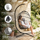 Silla colgante tipo huevo de ratán negra con estructura robusta, cojín gris de 15 cm y funda protectora para la lluvia