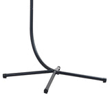 Base de soporte negra para silla colgante tipo huevo de ratán gris, con tres patas para estabilidad y diseño moderno y minimalista