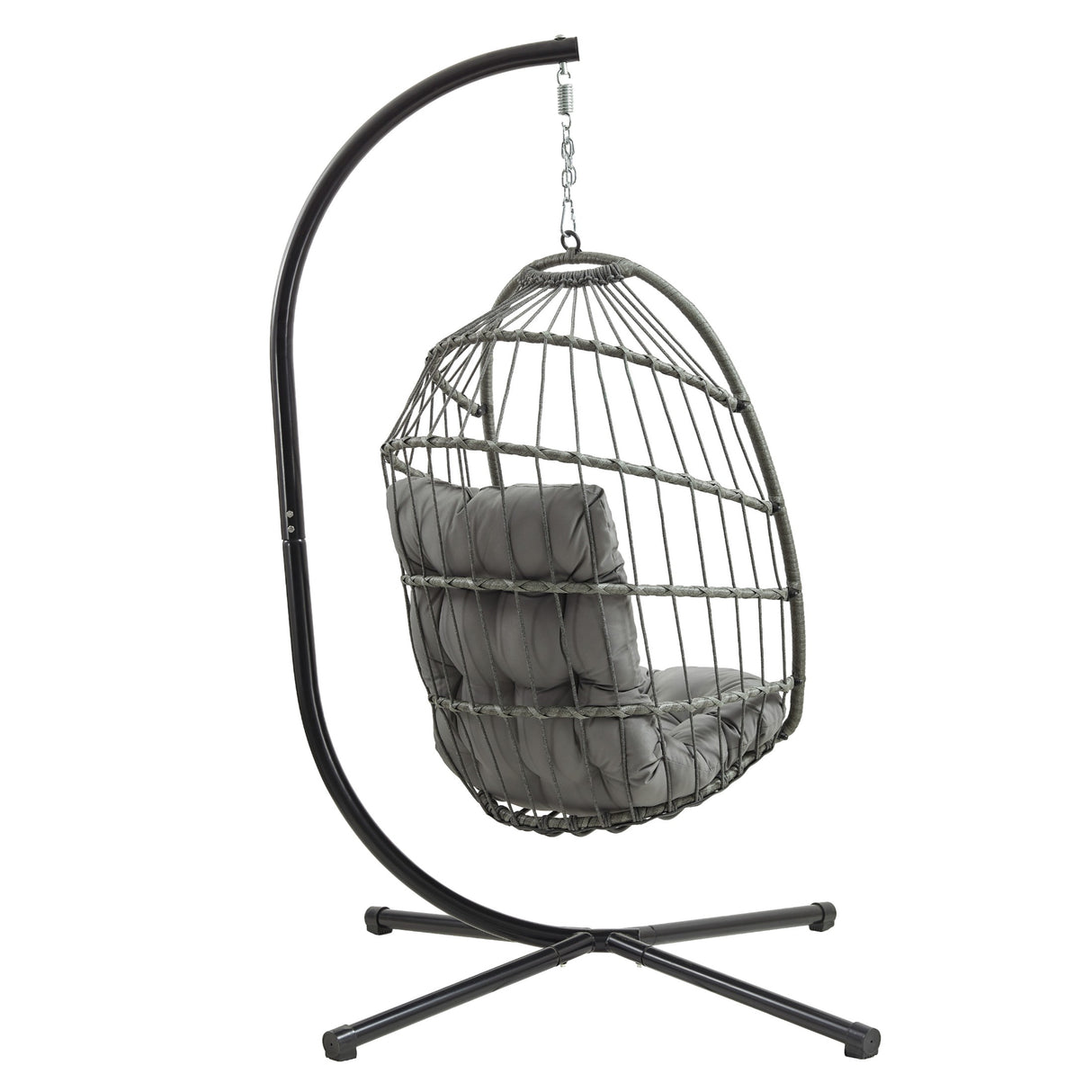 Silla colgante tipo huevo de ratán gris con cojín suave, estructura metálica negra y diseño moderno para interiores y exteriores