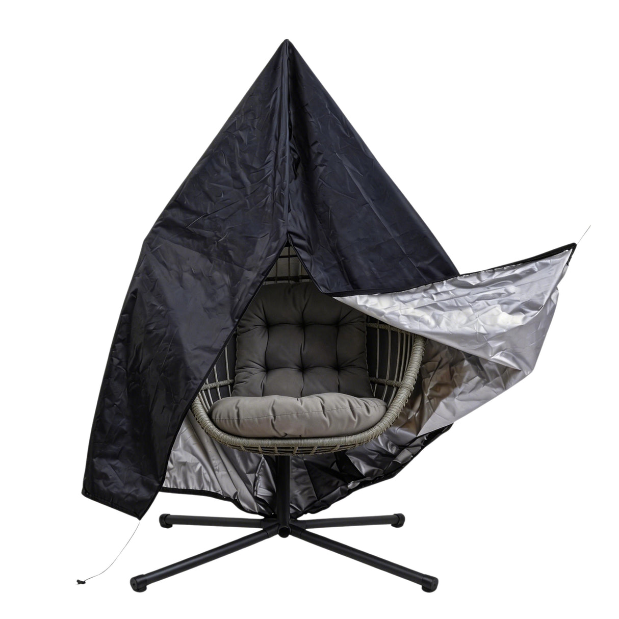 Silla colgante tipo huevo de ratán gris con cojín suave, estructura metálica negra y diseño moderno, ideal para interiores y exteriores