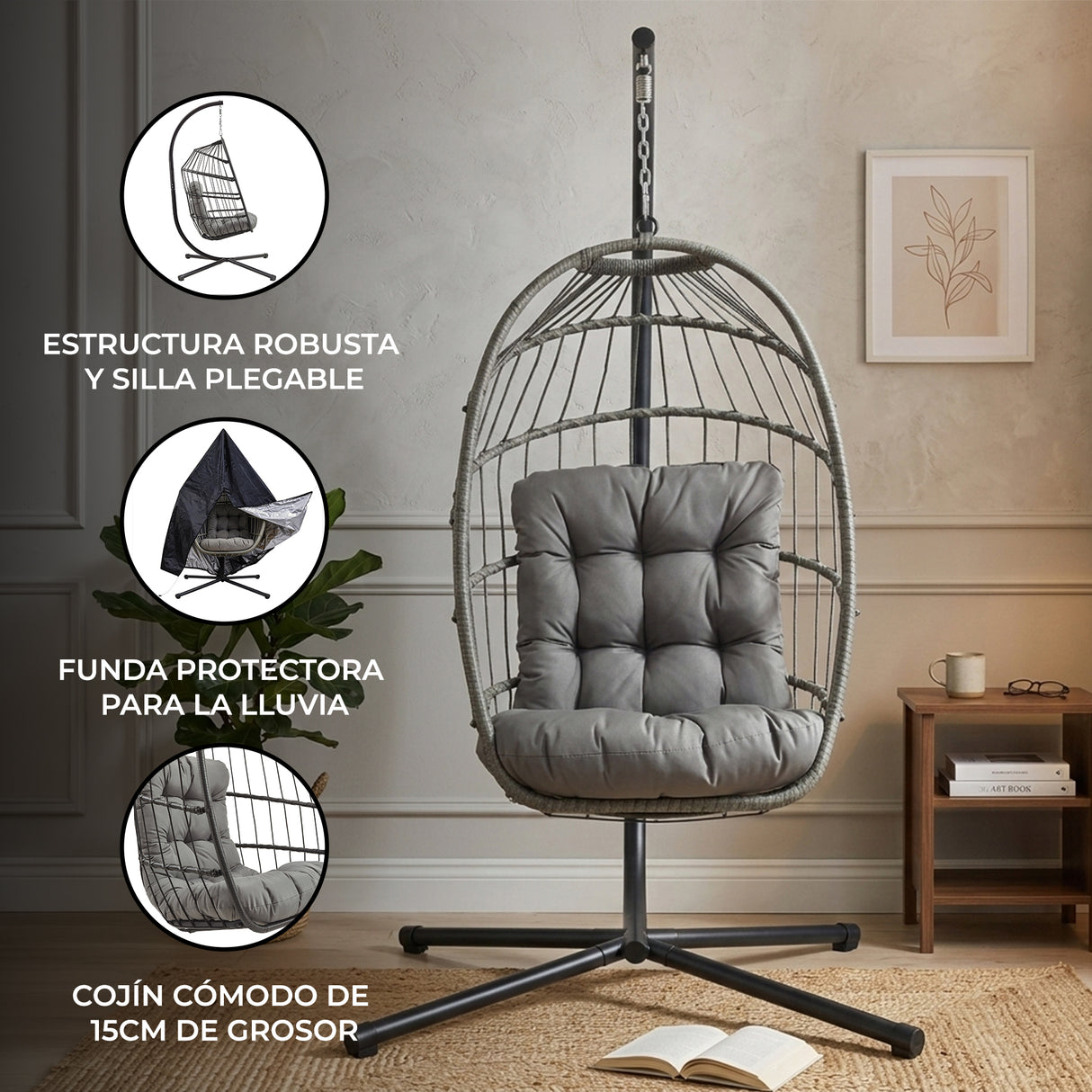 Silla colgante tipo huevo de ratán gris con cojín cómodo, estructura robusta y diseño elegante, ideal para interiores y exteriores