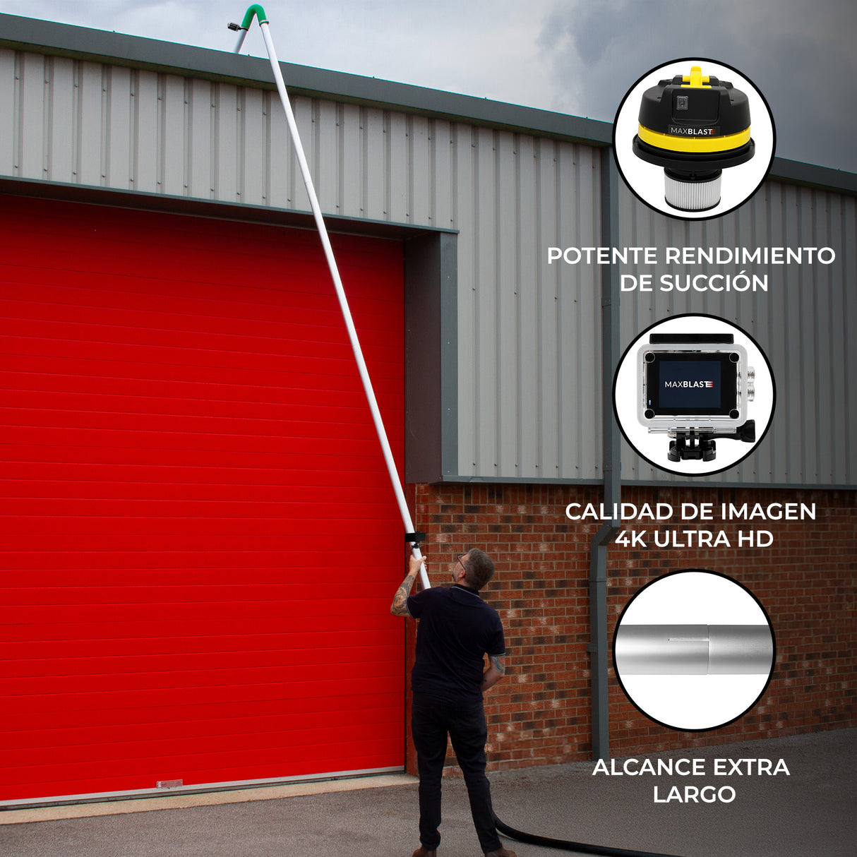 Kit de Limpieza de Canalones con Aspiradora 60L, Tubos Extensibles y Cámara 4K