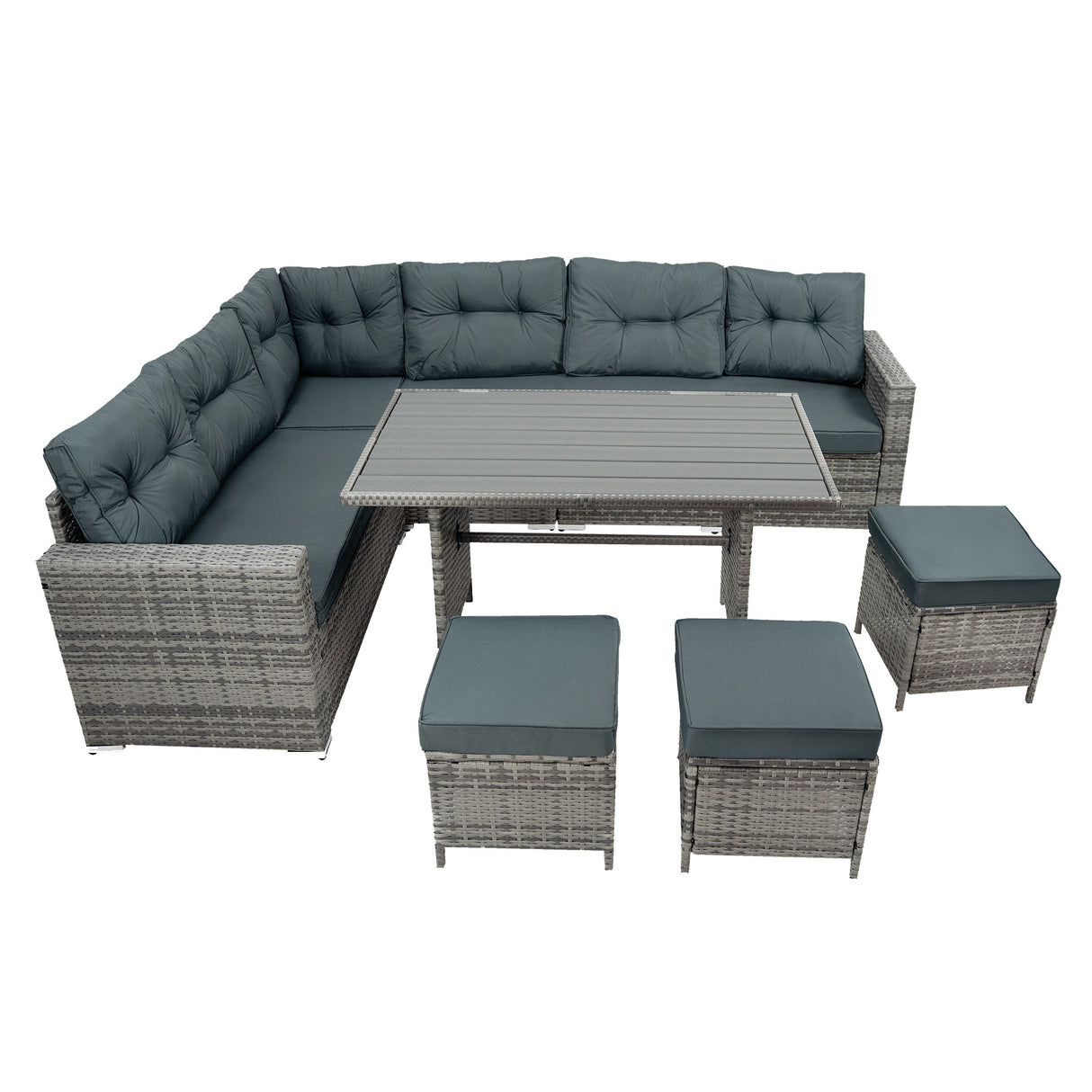 Conjunto de Ratán con Sofá Rinconera y Mesa de Madera Sintética – Gris