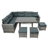 Conjunto de Ratán con Sofá Rinconera y Mesa de Madera Sintética – Gris