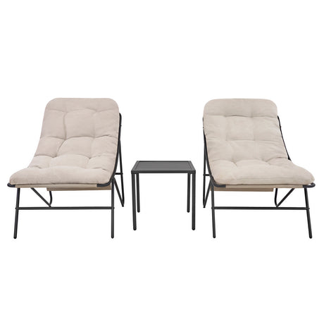 Conjunto de jardín de 3 piezas en gris y crema, incluye dos sillones acolchados y una mesa de metal con superficie negra