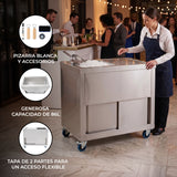 Carro de acero inoxidable con pizarra blanca, capacidad de 86L, y tapa de dos partes, ideal para eventos y catering elegante
