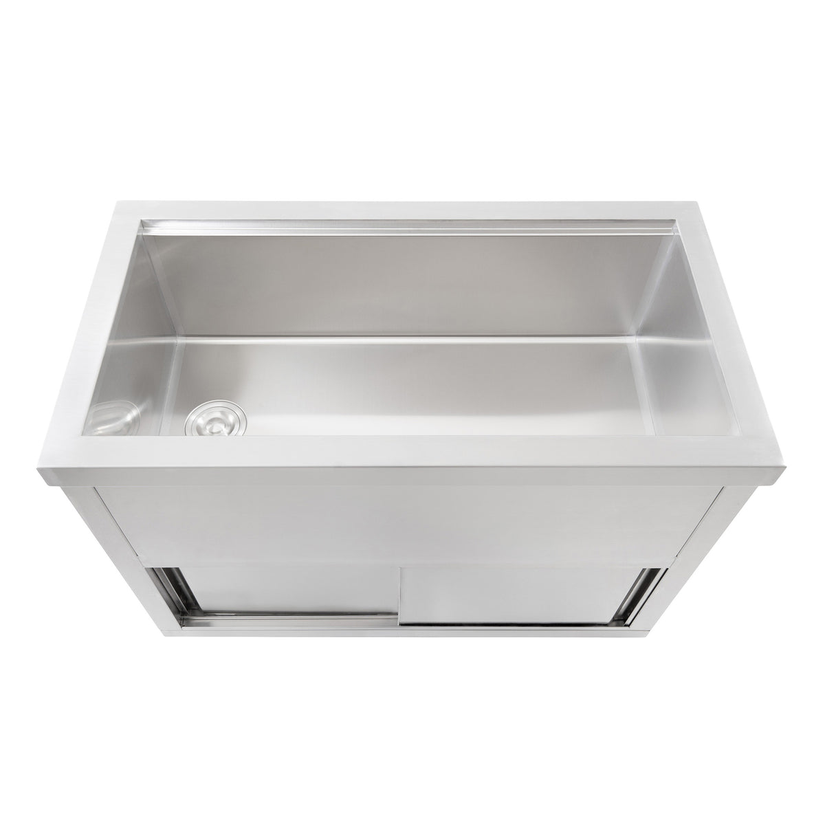 Carro de hielo móvil de acero inoxidable de 100 cm, con superficie pulida, diseño rectangular y espacio amplio para almacenamiento de hielo