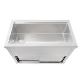 Carro de hielo móvil de acero inoxidable de 100 cm, con superficie pulida, diseño rectangular y espacio amplio para almacenamiento de hielo