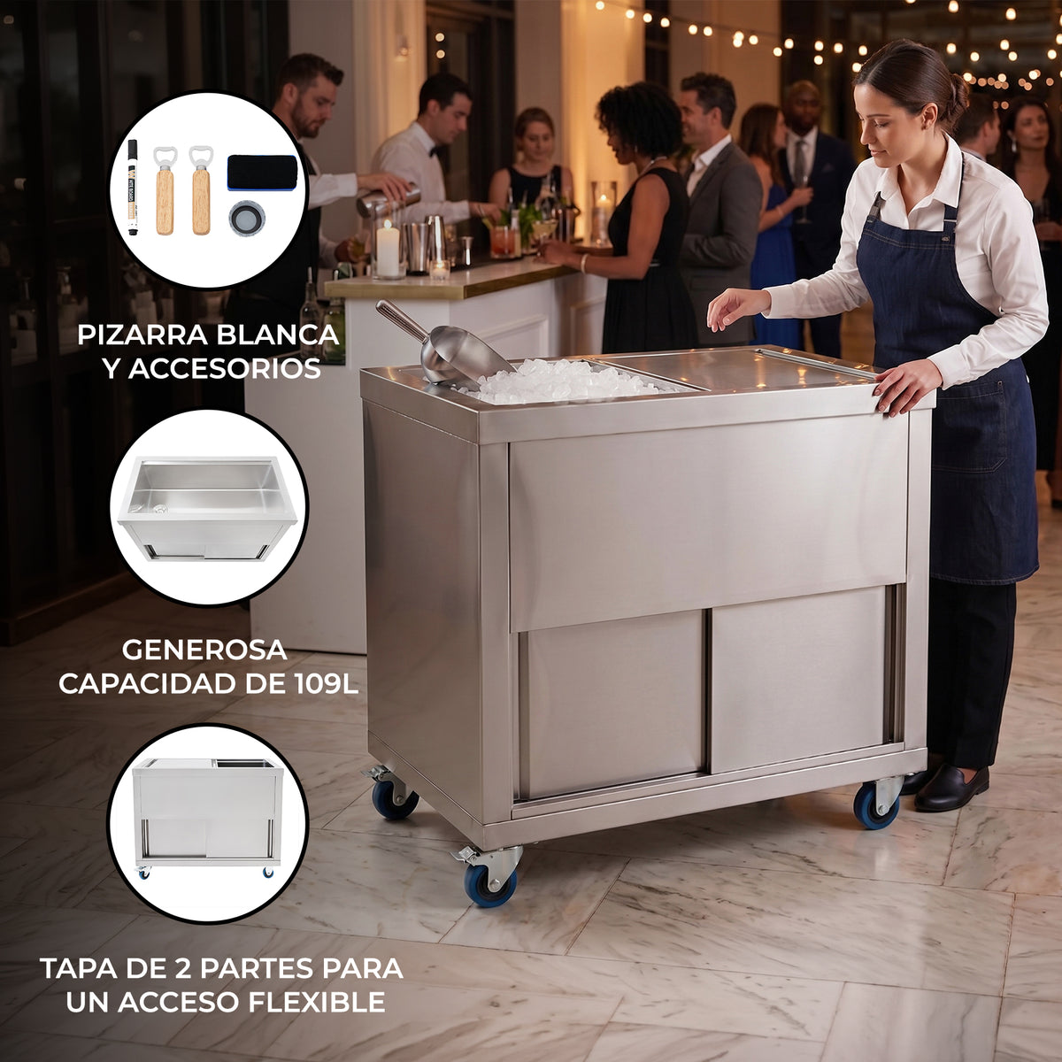 Carro de acero inoxidable con pizarra blanca, capacidad de 109L, y tapa de dos partes, ideal para eventos y catering