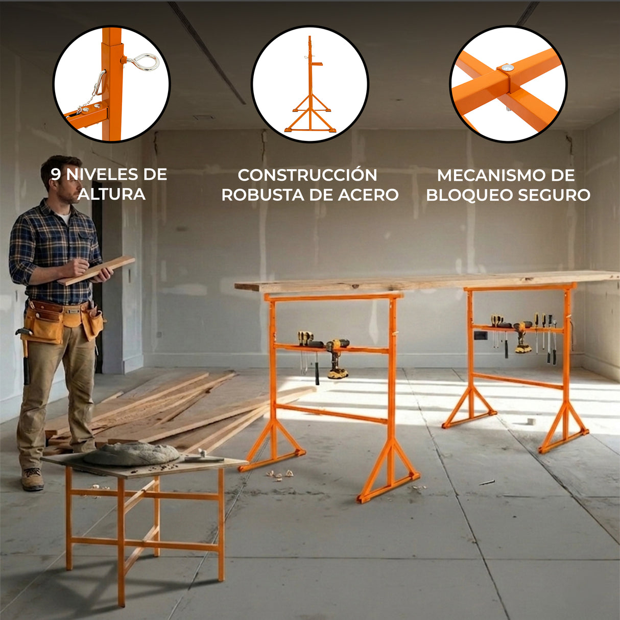 Pack de 4 Caballetes de obra + 5 Soportes para Tablero de Mampostería de 50 cm
