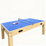 Mesa de juegos 7 en 1 de color roble con superficie azul, red de ping pong y accesorios, ideal para entretenimiento familiar