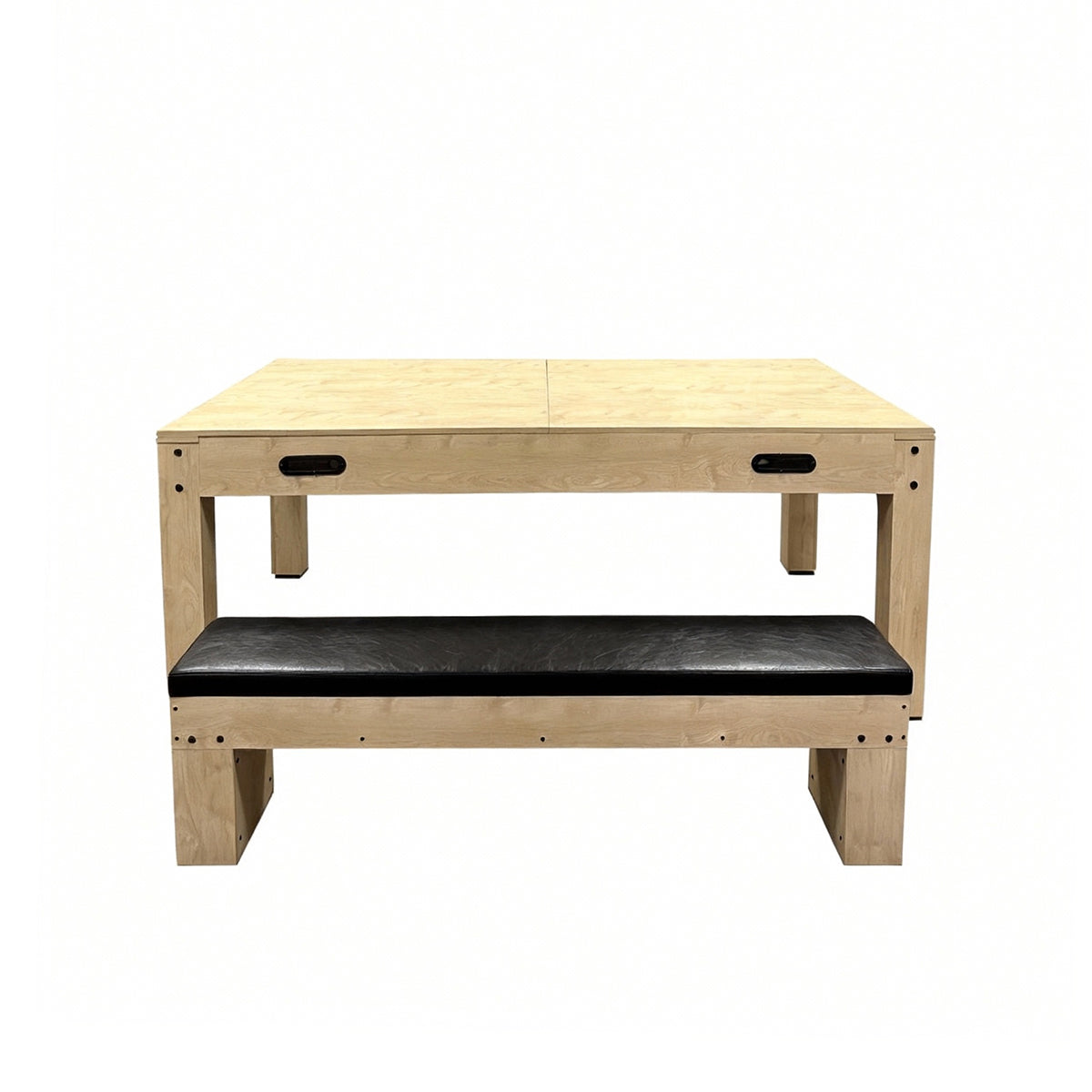 Mesa de juegos 7 en 1 de color roble claro, con superficie lisa y asiento negro de cuero, ideal para entretenimiento y diversión