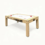 Mesa de juegos 7 en 1 de color roble, con superficie blanca, bordes rojos y patas robustas, ideal para entretenimiento familiar