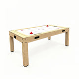 Mesa de juegos 7 en 1 de color roble, con superficie blanca, bordes amarillos y dardos, ideal para entretenimiento familiar