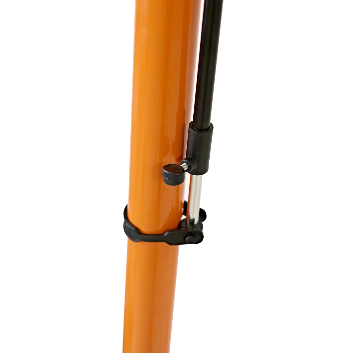 Soporte de reparación para bicicletas en color naranja brillante, con estructura metálica y mecanismo de ajuste en negro
