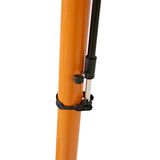 Soporte de reparación para bicicletas en color naranja brillante, con estructura metálica y mecanismo de ajuste en negro