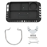 Soporte de reparación para bicicletas en color negro, incluye bandeja, ganchos de metal y herramientas para mantenimiento