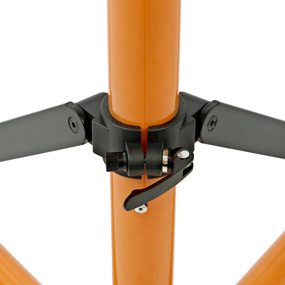 Soporte de reparación para bicicletas con estructura naranja, patas ajustables y mecanismo de bloqueo negro para estabilidad y seguridad