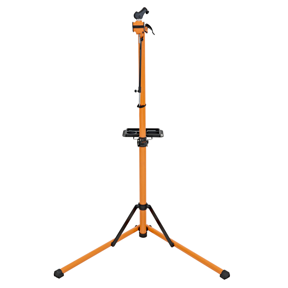 Soporte de reparación para bicicletas en color naranja brillante, con base estable y ajuste de altura, ideal para mantenimiento y reparación