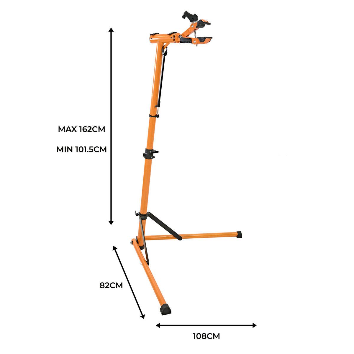 Soporte de reparación para bicicletas en color naranja, ajustable de 101.5 cm a 162 cm, con base estable y brazos acolchados para sujeción segura