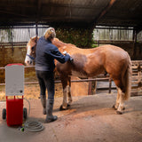 Ducha portátil roja para caballos, con manguera, usada por una persona que baña a un caballo en un establo iluminado y acogedor