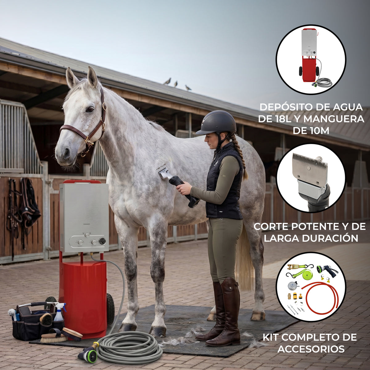 Ducha portátil roja para caballos, con depósito de 18L y manguera de 10m, ideal para limpieza y cuidado equino en establos