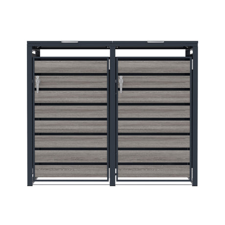 Armario metálico doble en color antracita con puertas de efecto madera gris, ideal para ocultar cubos de basura y organizar espacios exteriores