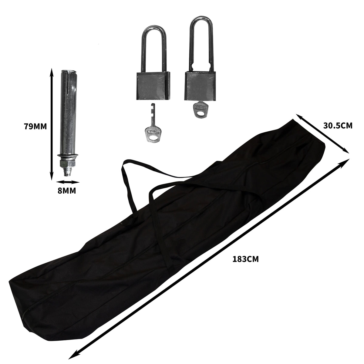 Garaje plegable para moto XL en color gris, incluye candados y bolsa de transporte, con medidas de 183 cm x 30.5 cm x 79 mm