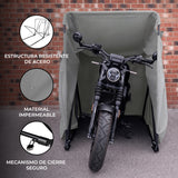 Garaje plegable para moto XL en gris, con estructura de acero, material impermeable y mecanismo de cierre seguro, ideal para proteger tu moto