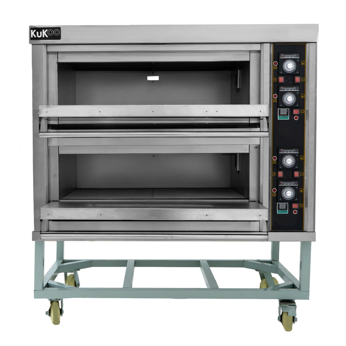 Horno comercial grande para pizza KuKoo de acero inoxidable, con dos compartimentos, controles digitales y ruedas para fácil movilidad