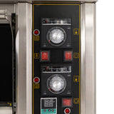 Panel de control del horno comercial grande para pizza KuKoo, con diales metálicos, botones rojos y pantalla digital iluminada